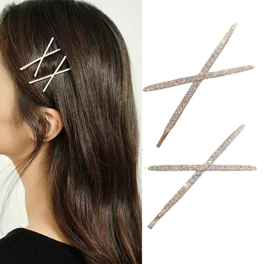 S.A.V.I 1 Pair Sparkling Rhinestone X Shape Hair Clips for Women & Girls | Gold-Tone Crystal Hairpins | Stylish Party Hair Accessories for Bun, Braid, Hairstyles