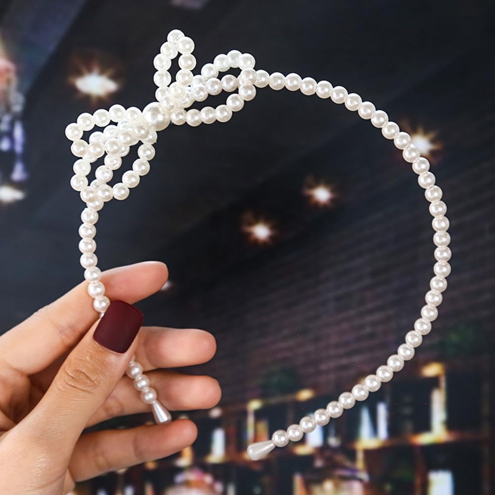 S.A.V.I Elegant White Pearl Headband for Girls & Women | Stylish Bow Hairband with Faux Pearl Beads | Party, Wedding, Birthday & Daily Hair Accessory