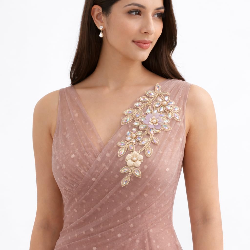 S.A.V.I Champagne Gold Crystal Floral Applique Patch 14 x 27 cm, Hand Embroidered Beaded Leaf Sew-On Design for Sarees, Gowns, Dresses & Kurtis (Right, Gold, OneSize)
