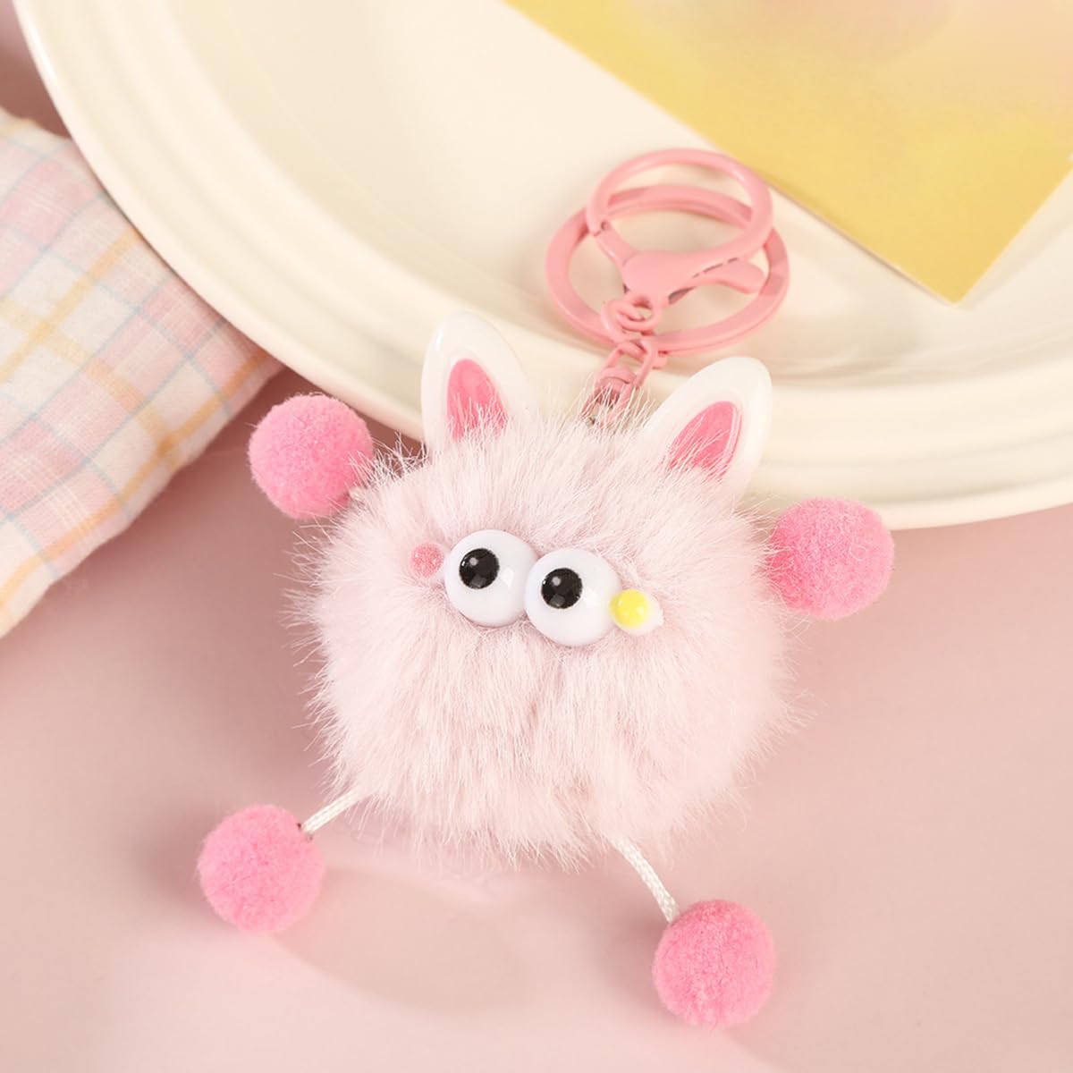 S.A.V.I Cute Plush Pom Pom Keychain for Bags & Keys, Pink Bunny Charm, Soft Faux Fur, 14 x 4 cm Hanging Accessory, Lightweight Gift for Women Girls, Backpack Purse Car Key Ring