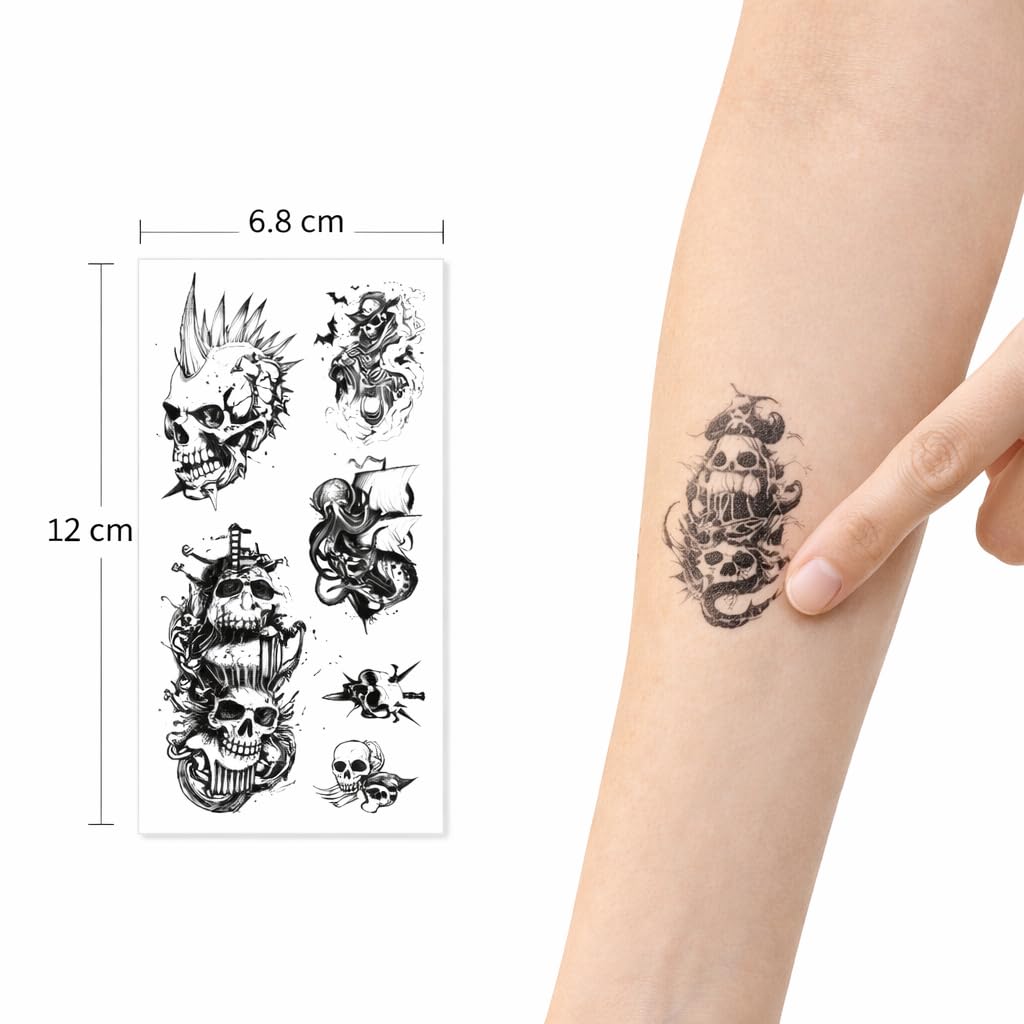 S.A.V.I Black Skull Pirate Temporary Tattoos – 10 Sheets Waterproof Non-Toxic Body Art Stickers for Men & Women, Gothic Punk Design Transfer Tattoos for Arm, Neck & Shoulder (6.8x12 cm) (#331)
