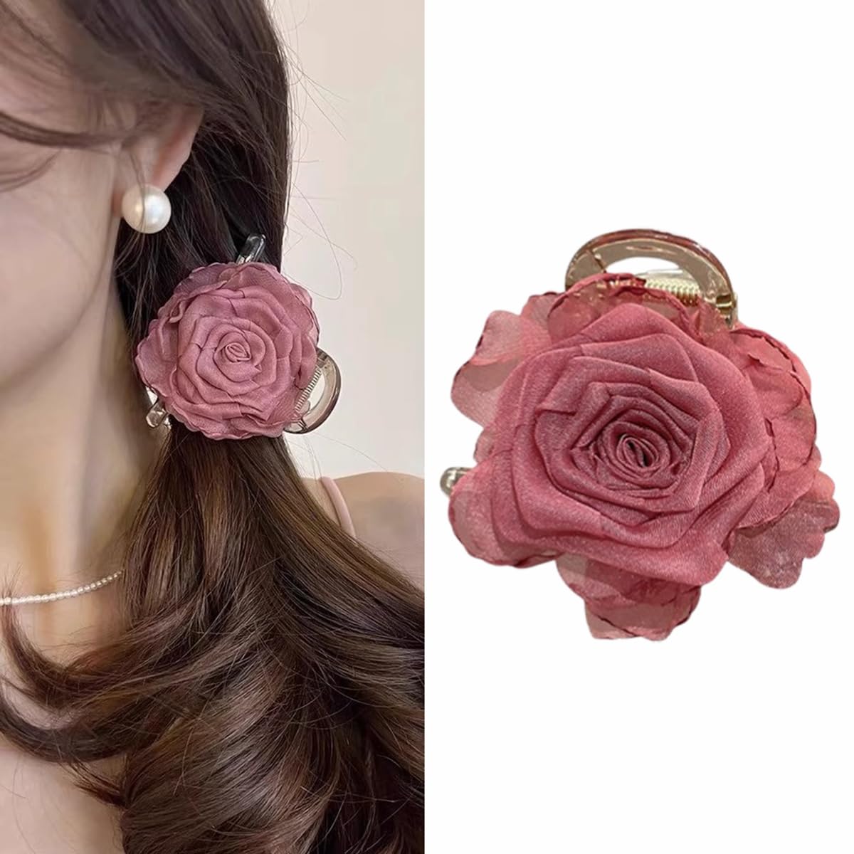 S.A.V.I Dark Pink Rose Hair Claw Clip for Women & Girls, 5 cm Small Floral Hair Clutch, Chiffon Fabric Flower Design, Stylish Hair Accessory for Daily, Party & Ethnic Look