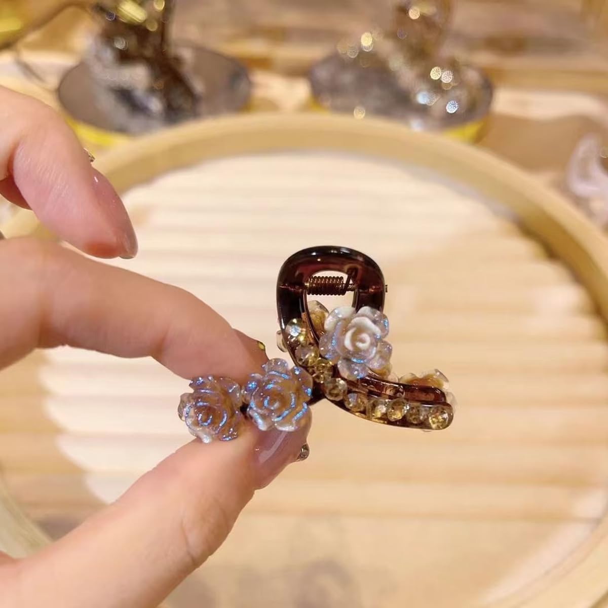 S.A.V.I Mini Brown Hair Claw Clip for Women & Girls – Small Rose Flower Crystal Design – Elegant Decorative Hair Accessory – Stylish Strong Grip Hair Holder for Daily Use & Party