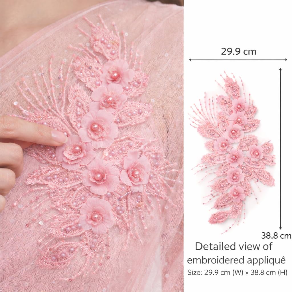 S.A.V.I Pink 3D Floral Sew-On Embroidered Applique Patch | Pearl Beaded Net Mesh Lace Motif 29.9 x 38.8 cm | DIY Bridal Lehenga Saree Blouse Gown Dress Craft Sewing (Pink)