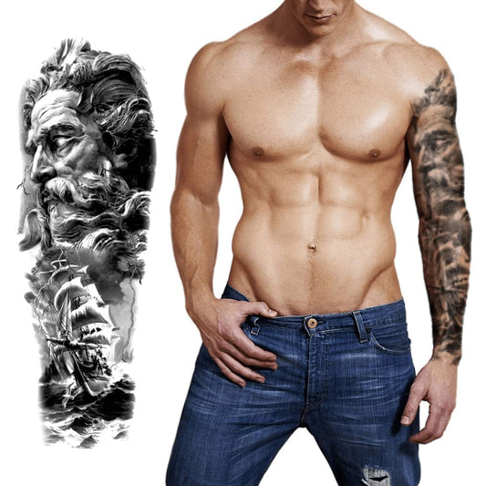 S.A.V.I Full Arm Tattoo, Boat Sea Strom, Cool Old Man Temporary Tattoo Sticker, Size 48x17CM