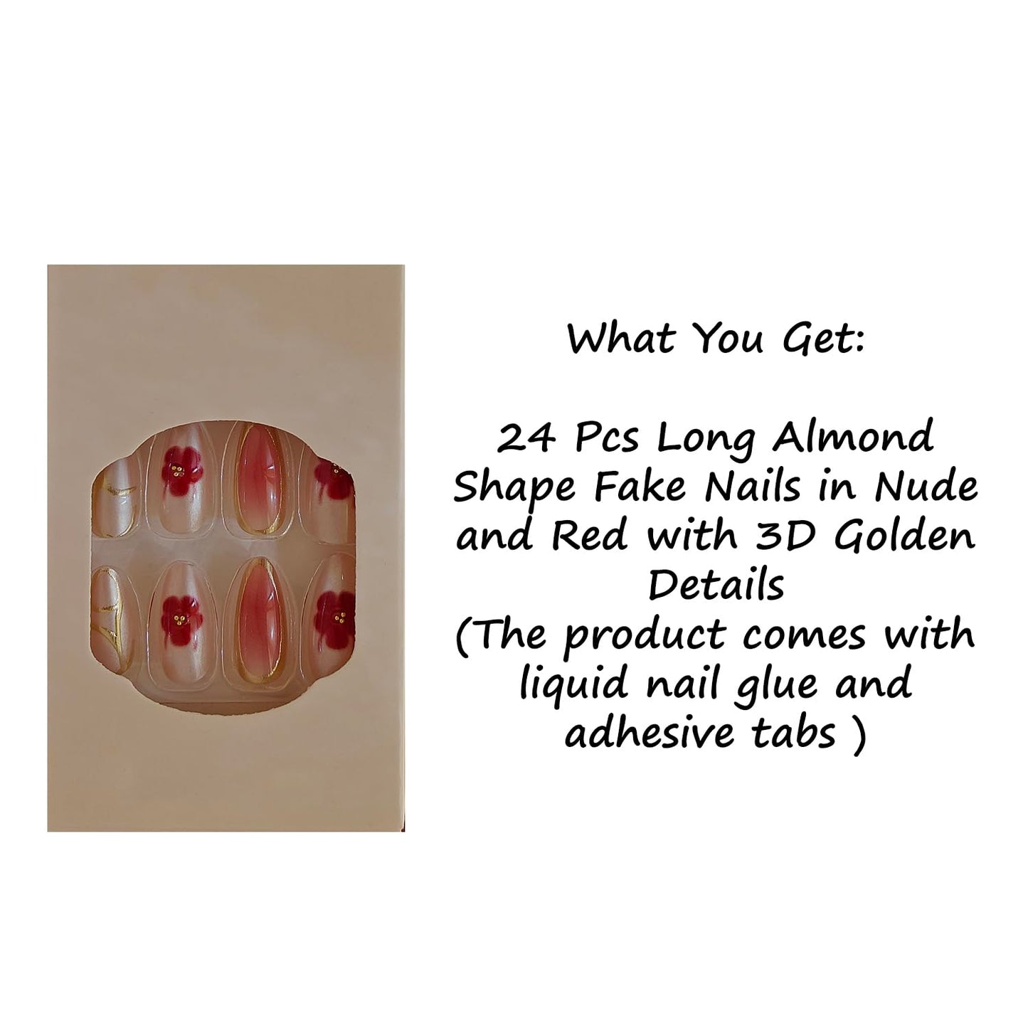 S.A.V.I 24 Pcs Reusable Press On Nails for Women, Long Almond Shape Nude & Red Gloss Finish, 3D Floral Gold Foil Design, Artificial Fake Nails Set with Glue & Tabs