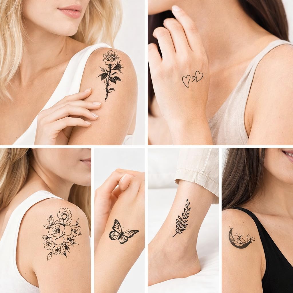 S.A.V.I 30 Sheets Black Floral & Butterfly Temporary Tattoos for Women & Girls | Small Rose, Heart, Moon Body Art Stickers | Waterproof, Non-Toxic, Easy Apply (5.7 x 9.7 cm) (#320)