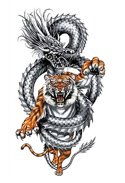 S.A.V.I Temporary Tattoo Stickers, Black Angry Dragon Roaring Orange Tiger Pattern For Men, Women, Tattoo For Hand Arm, Size 21x11cm - 1Pc.