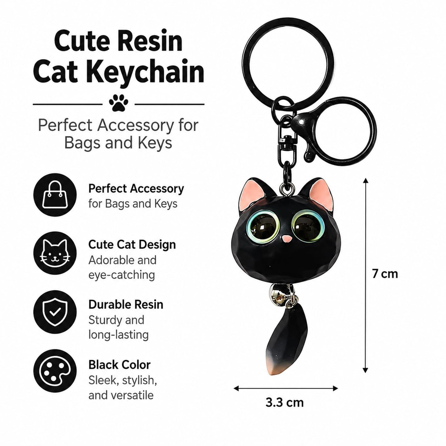 S.A.V.I Resin Cat Keychain Black Bag Charm Key Ring, Durable Resin Charm for Handbags, Backpacks & Purses, Eye-Catching Pendant, Ideal Gift for Women & Girls, 7 x 3.3 cm