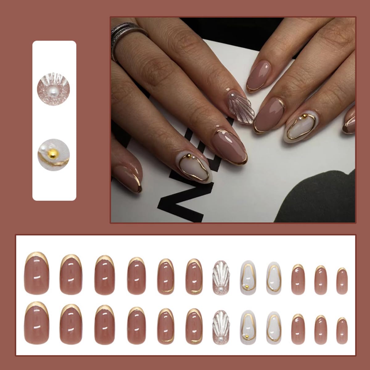 S.A.V.I 24 Pcs Medium Length Round Press-On Nails | Nude Brown & White Glossy Finish | 3D Shell Pearl & Gold Foil Design | Reusable Acrylic Fake Nails with Glue & Adhesive Tabs