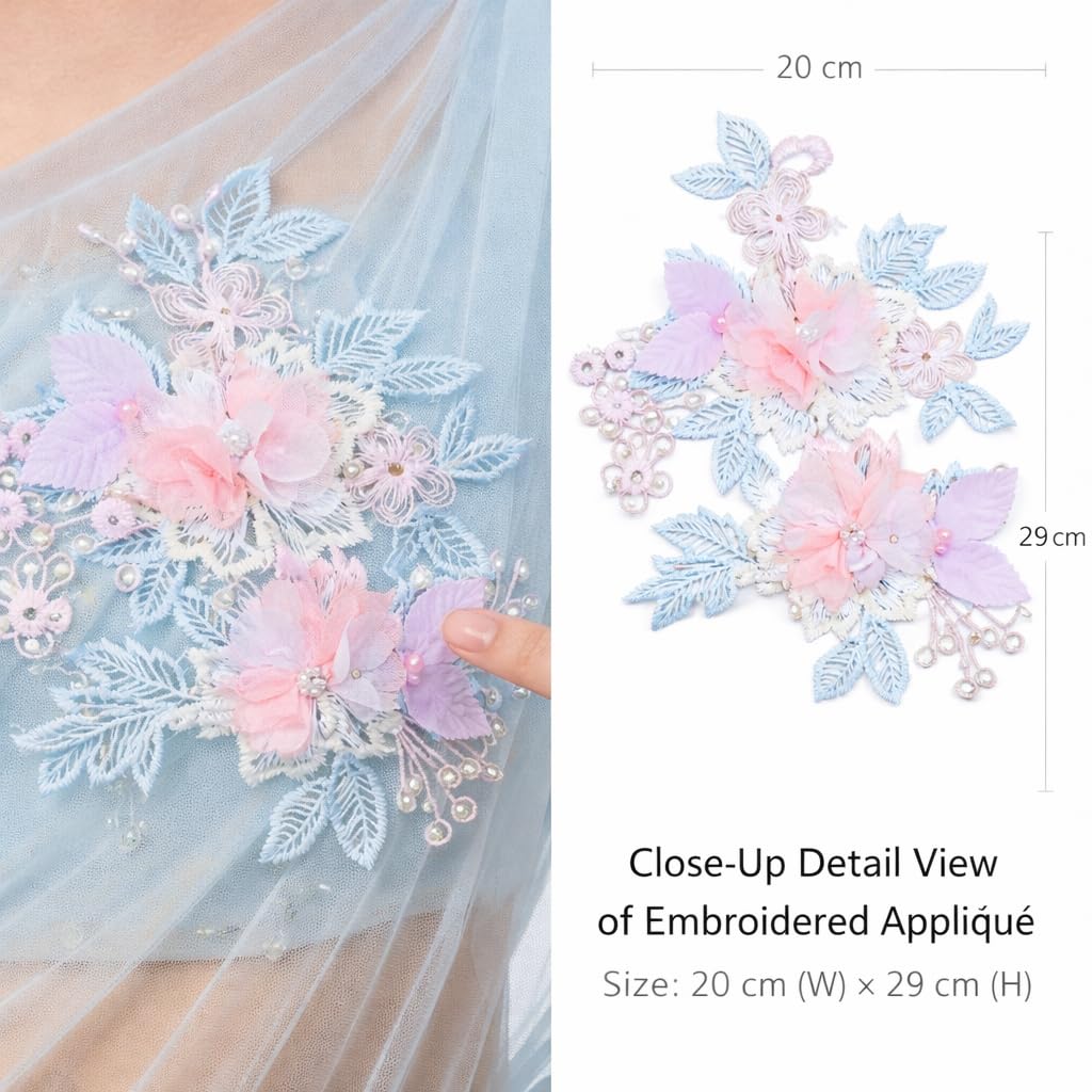 S.A.V.I Pastel Floral Embroidered Sew-On Appliqué Patch 20 x 29 cm, 3D Organza Flowers with Beads & Pearl Work, Leaf Design for Blouse, Gown, Saree, Kurti & DIY Craft (Right)