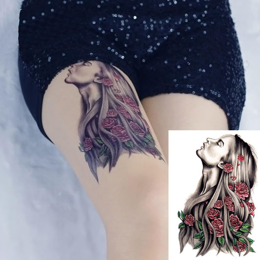 S.A.V.I Temporary Tattoo For Girls Men Women 3D Long Hair Rose Sticker Size 21x15CM - 1PC. (521)