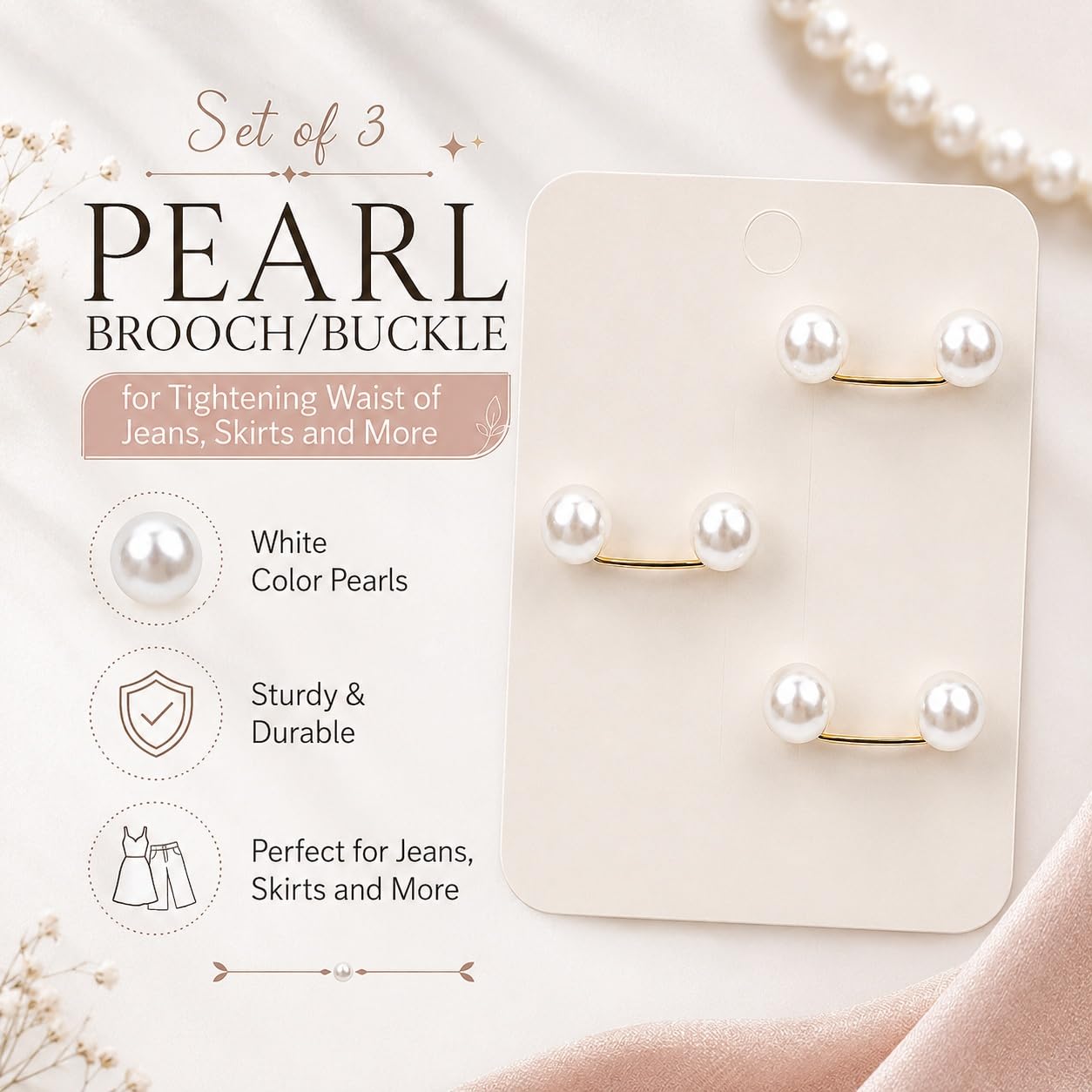 S.A.V.I Pearl Waist Tightener Pins for Jeans, Skirts, Gold Tone, Set of 3 | No-Sew Fit Adjuster, Faux Pearl Clips, for Dresses & Shirts, Women & Girls, Durable Design