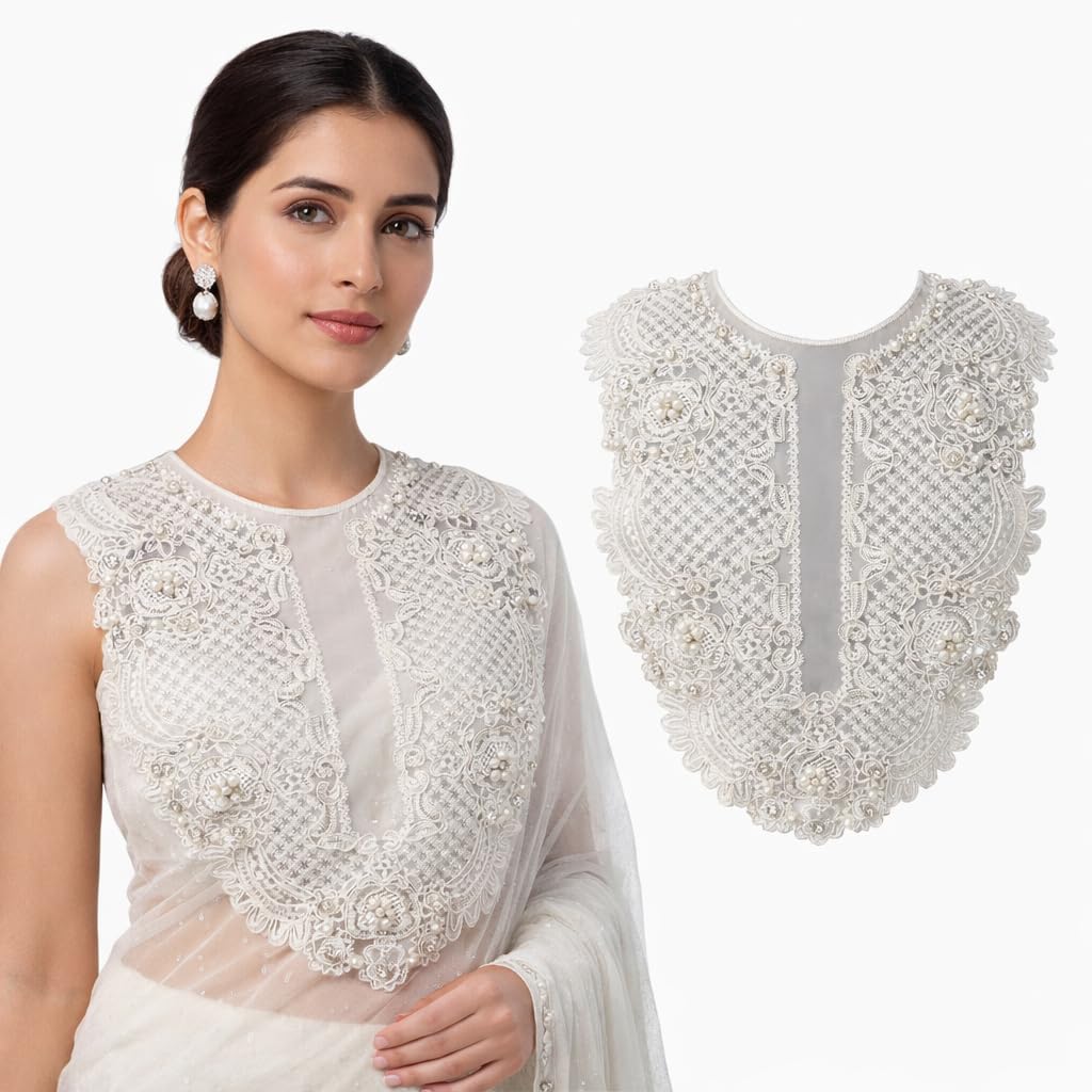 S.A.V.I Luxury White Embroidered Lace Appliqué Neckline (30 x 36 cm) with Pearl & Bead Floral Work | U-Shape Yoke Patch for Kurti, Gown, Saree Blouse & Designer Dresses (Pearl & Stones)