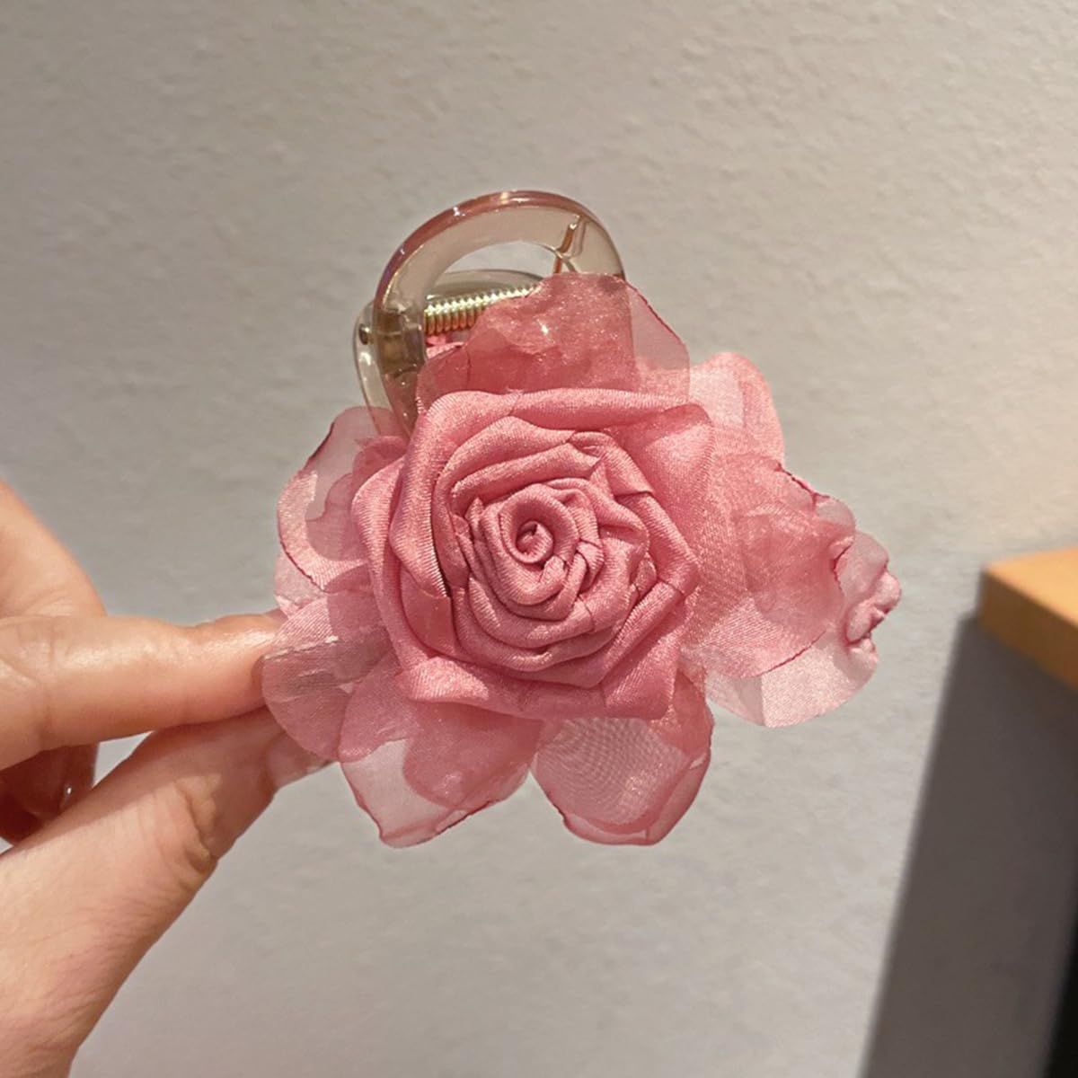 S.A.V.I Dark Pink Rose Hair Claw Clip for Women & Girls, 5 cm Small Floral Hair Clutch, Chiffon Fabric Flower Design, Stylish Hair Accessory for Daily, Party & Ethnic Look
