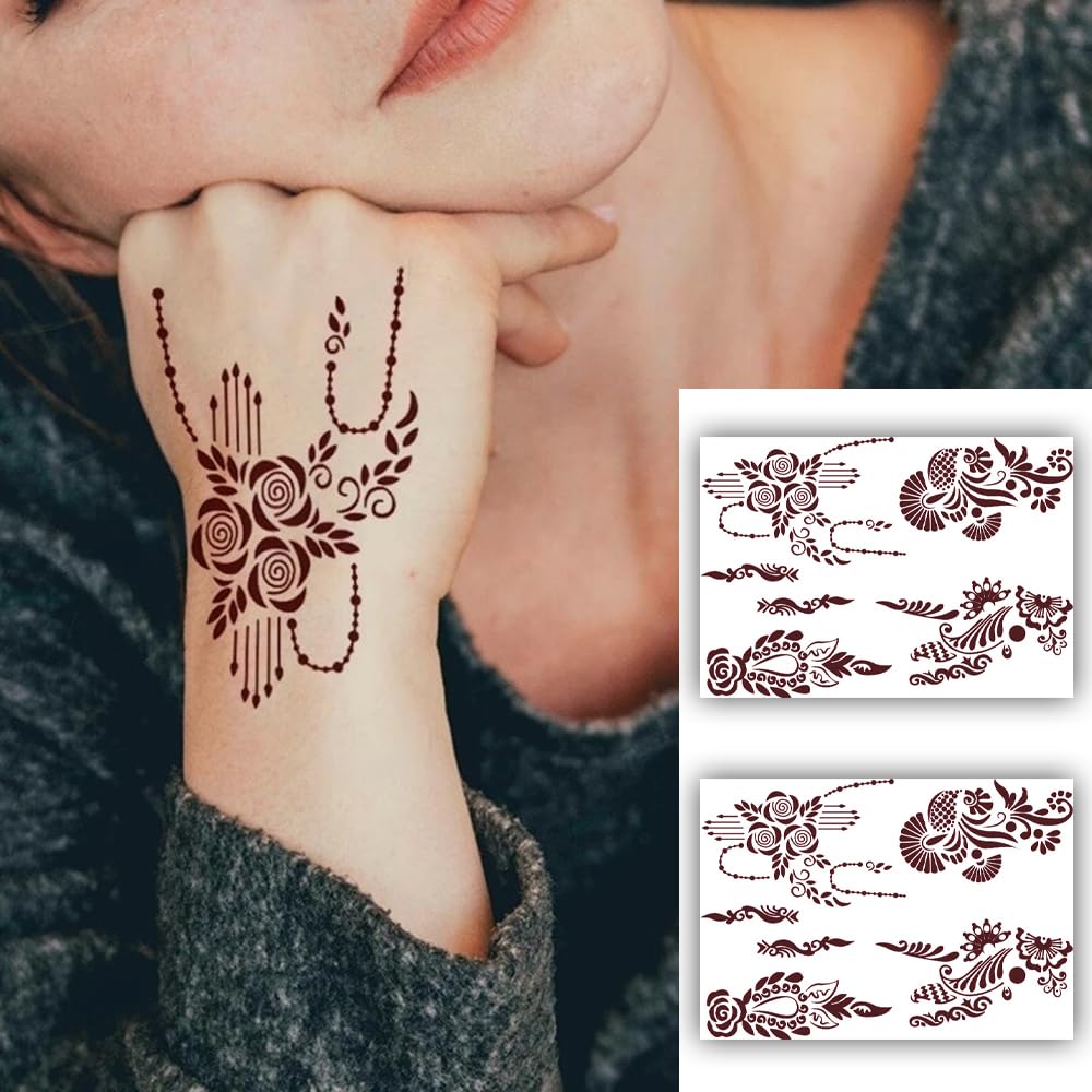 S.A.V.I 2 Sheets - Mehendi Tattoo Stickers, Waterproof, Natural Color, 21x15cm - Ideal for Women's Hands  Arms