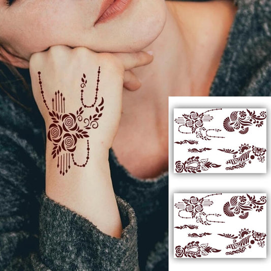 S.A.V.I 2 Sheets - Mehendi Tattoo Stickers, Waterproof, Natural Color, 21x15cm - Ideal for Women's Hands  Arms
