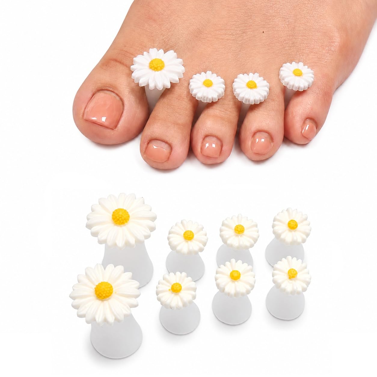 S.A.V.I Silicone Toe Separators Daisy Design Set of 8 | Reusable & Washable, Salon & Home Use, Nail Art & Pedicure, Soft & Flexible, Women & Girls