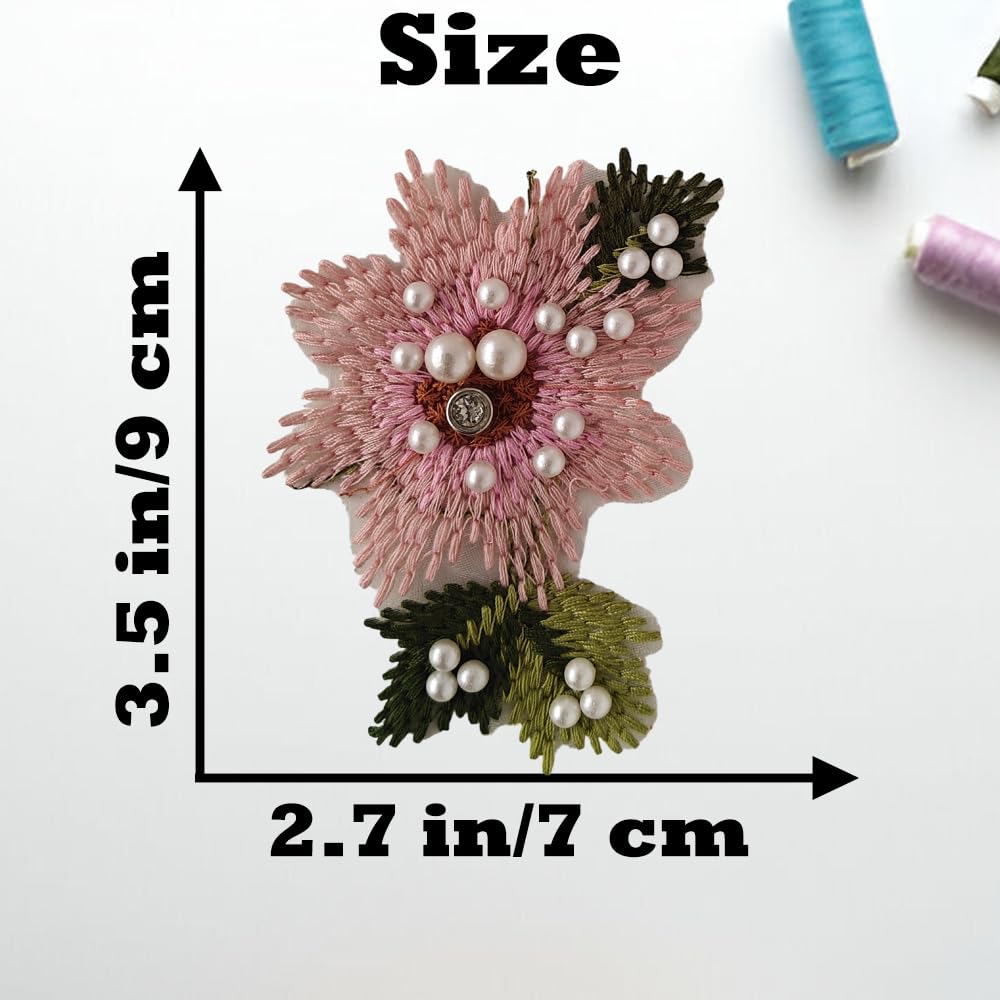 S.A.V.I 2 Pcs Handcrafted Pink Floral Embroidered Applique Patches, (7x5 cm), Pearl Beaded Fabric Flower for Saree, Lapel, Bags, Elegant Women Accessory