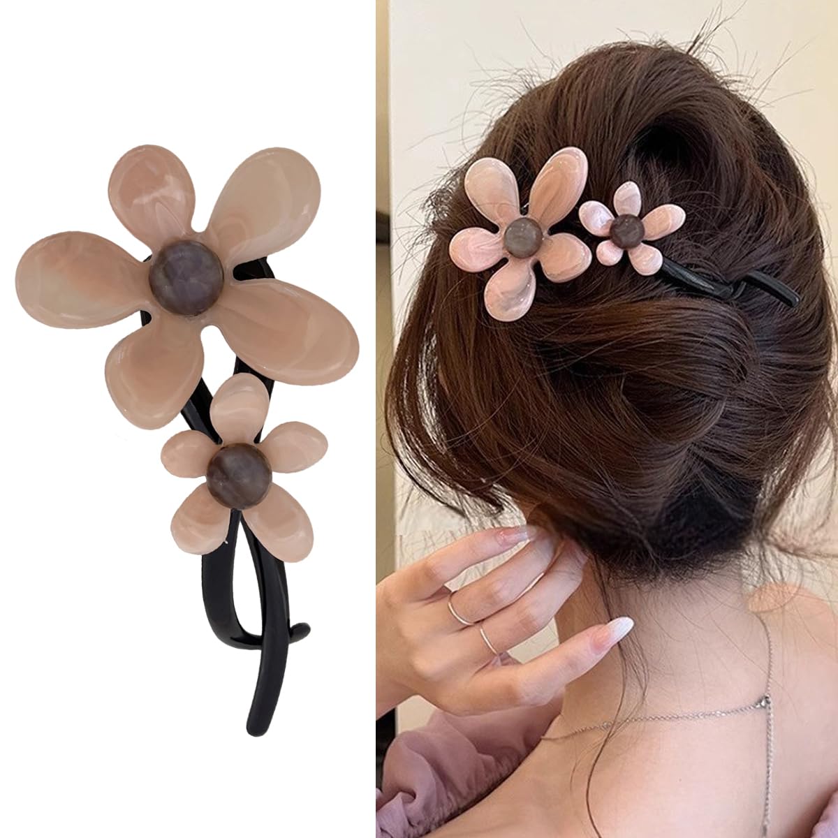 S.A.V.I Pink & Brown Flower Hair Clip for Women & Girls, 14cm Large Acrylic Floral Barrette, Cute Trendy Hair Accessory with Strong Grip for Casual & Party Hairstyles