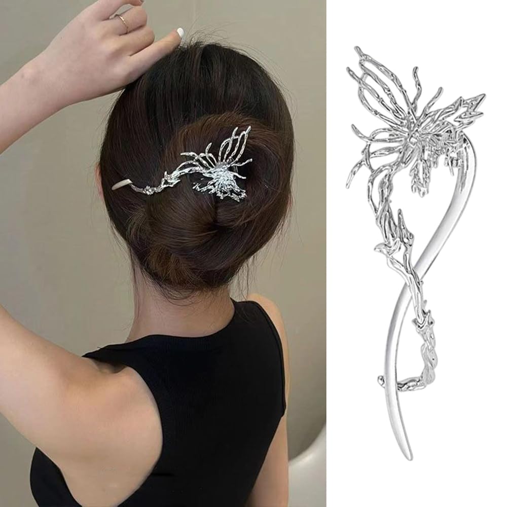 S.A.V.I Silver Butterfly Hair Clip for Women | 14 cm Stylish Metallic Hair Clutch | Elegant Floral Design for Buns  Updos | Perfect Hair Accessory for Party, Wedding