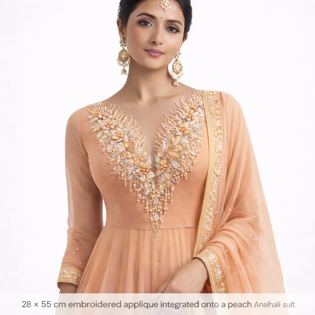S.A.V.I Peach Apricot Floral Embroidered Applique Patch 28x55 cm, 3D Hand Beaded Pearl Sequin Net Lace V-Neck Front Yoke, Lehenga Gown Bridal Evening (Peach Apricot)