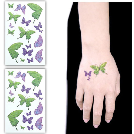 S.A.V.I Glitter Butterfly Temporary Tattoo Stickers – 2PCS Multicolor Green  Purple Shimmering Waterproof Tattoos for Kids  Adults, Hands, Arms  Body Art Decoration, Easy Application  Removal (12x7.5cm)