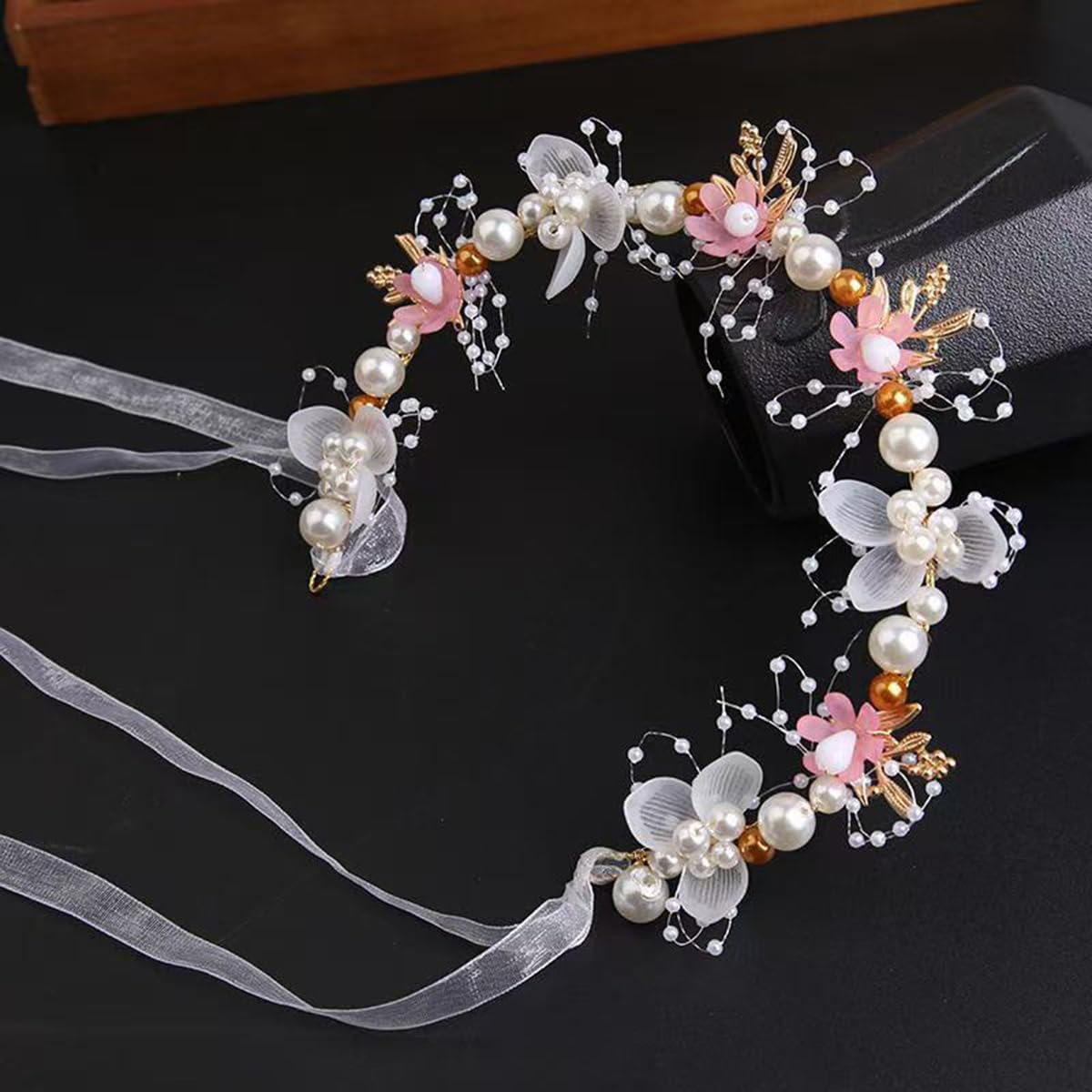 S.A.V.I Floral Pearl Headband for Women & Girls | Pink White Flower Hair Vine Crown Tiara with Ribbon Bow | Adjustable 35cm Bridal Hair Accessory for Wedding Party Festive