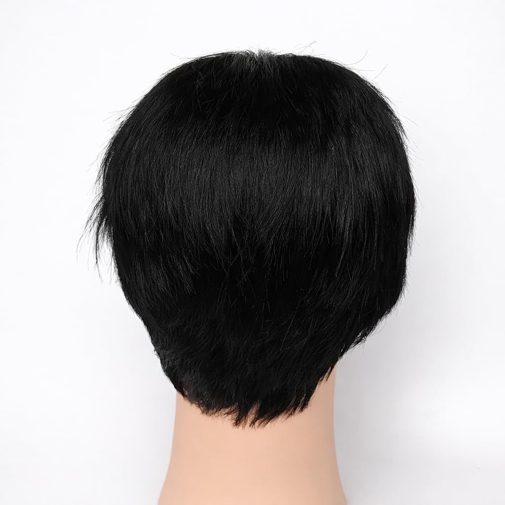 S.A.V.I Men’s Black Short Pixie Cut Wig – 100% Human Hair Straight Boy Cut with Natural Hairline & Realistic Scalp, Breathable Lightweight Cap, Hairpiece for Men