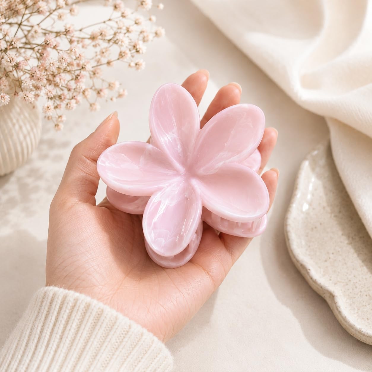S.A.V.I Floral Hair Claw Clip for Women Baby Pink 8 cm | Frangipani Design, Glossy Acetate Finish, Strong Grip, Thick & Thin Hair, Lightweight