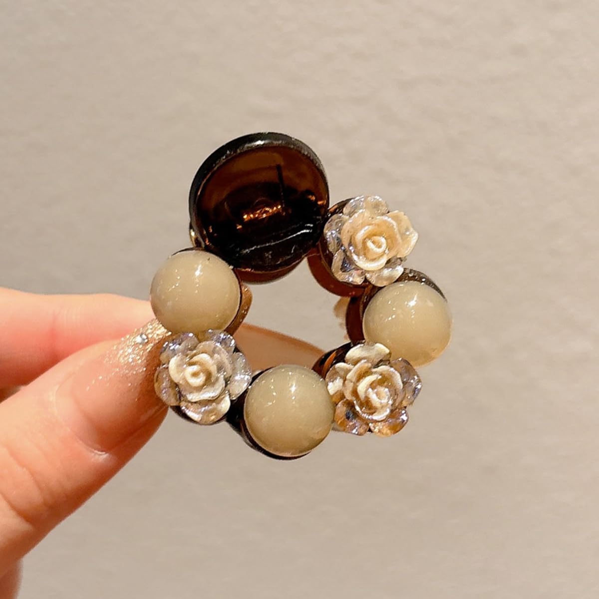 S.A.V.I Beige Small Hair Claw Clip 4cm | Round Acrylic Clutcher with Rose Flower & Bead Decor | Strong Hold Mini Hair Clip for Girls & Women