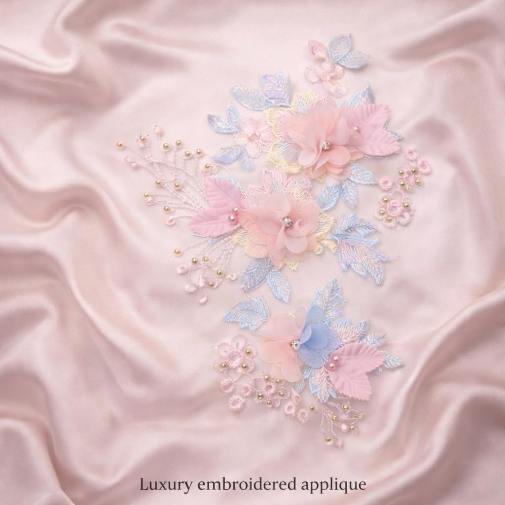 S.A.V.I Pastel Pink & Blue 3D Floral Embroidered Sew-On Appliqué Patch 37x37 cm, Net Fabric with Pearl & Bead Work for Kurti, Gown, Saree & Blouse Decoration (Left)