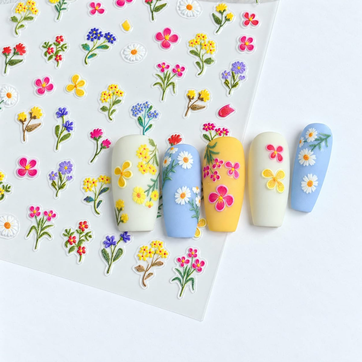 S.A.V.I 5D Nail Art Stickers Wildflower Floral Designs, Set of 3 | Self-Adhesive Decals, 7 x 9 cm Sheets, DIY Manicure, Women & Girls, Multicolour Blossoms