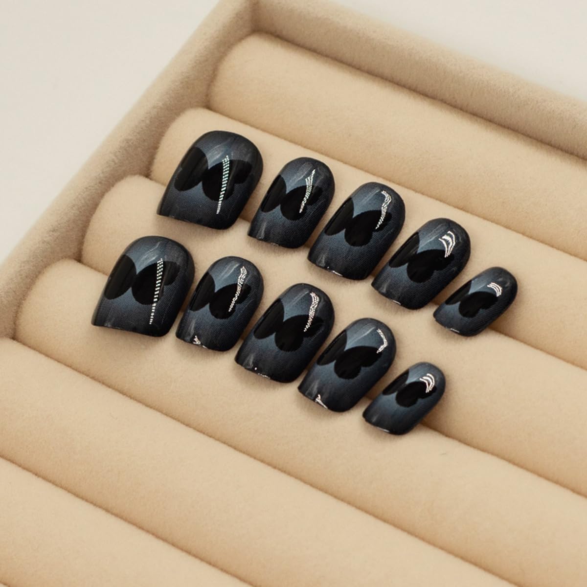 S.A.V.I 24 Pcs Short Natural Fake Nails – Gradient Black Press On Nails with Butterfly Print, Reusable Acrylic Nail Art Kit with Glue & Adhesive Tabs for Women & Girls (Square Shape)