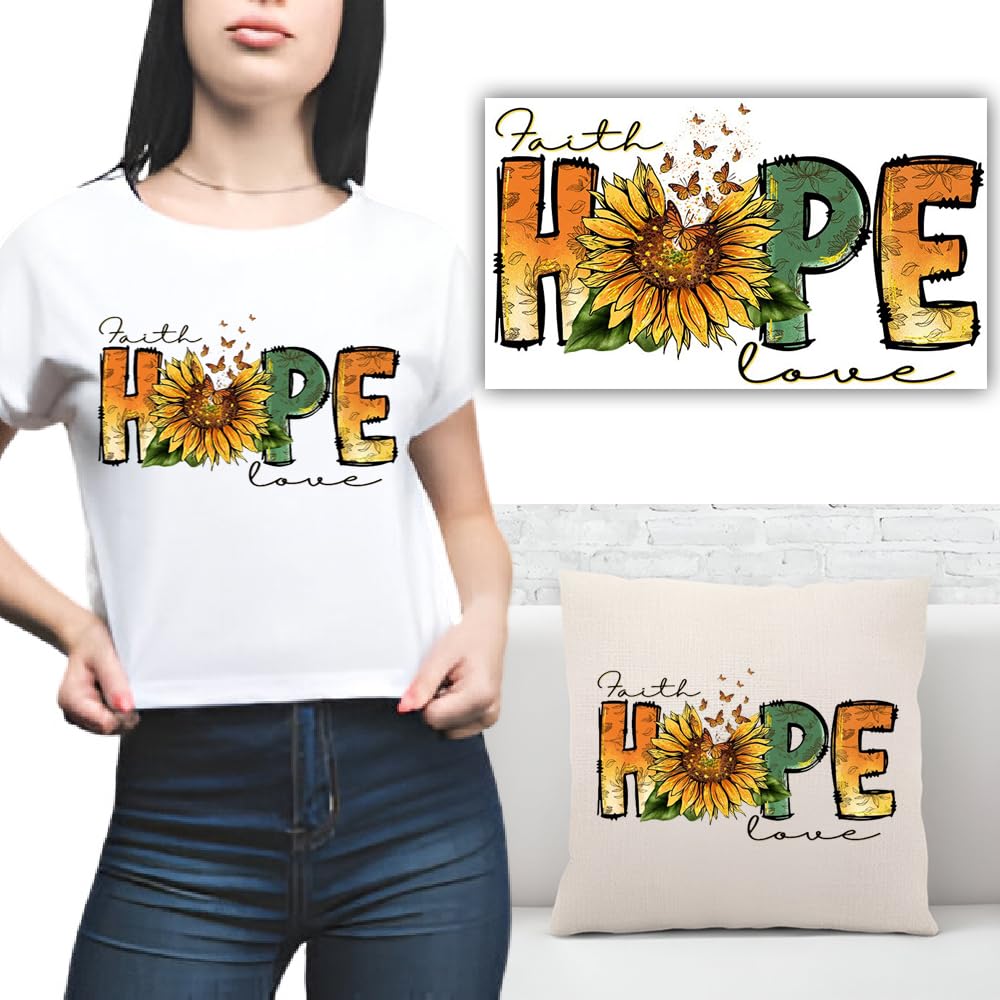 S.A.V.I Iron-On Heat Transfer Applique Patch – “Faith Hope Love” Sunflower Design, 4x8.5 inch | Washable  Durable DIY Sticker for T-Shirts, Hoodies, Bags, Denim, Pillows