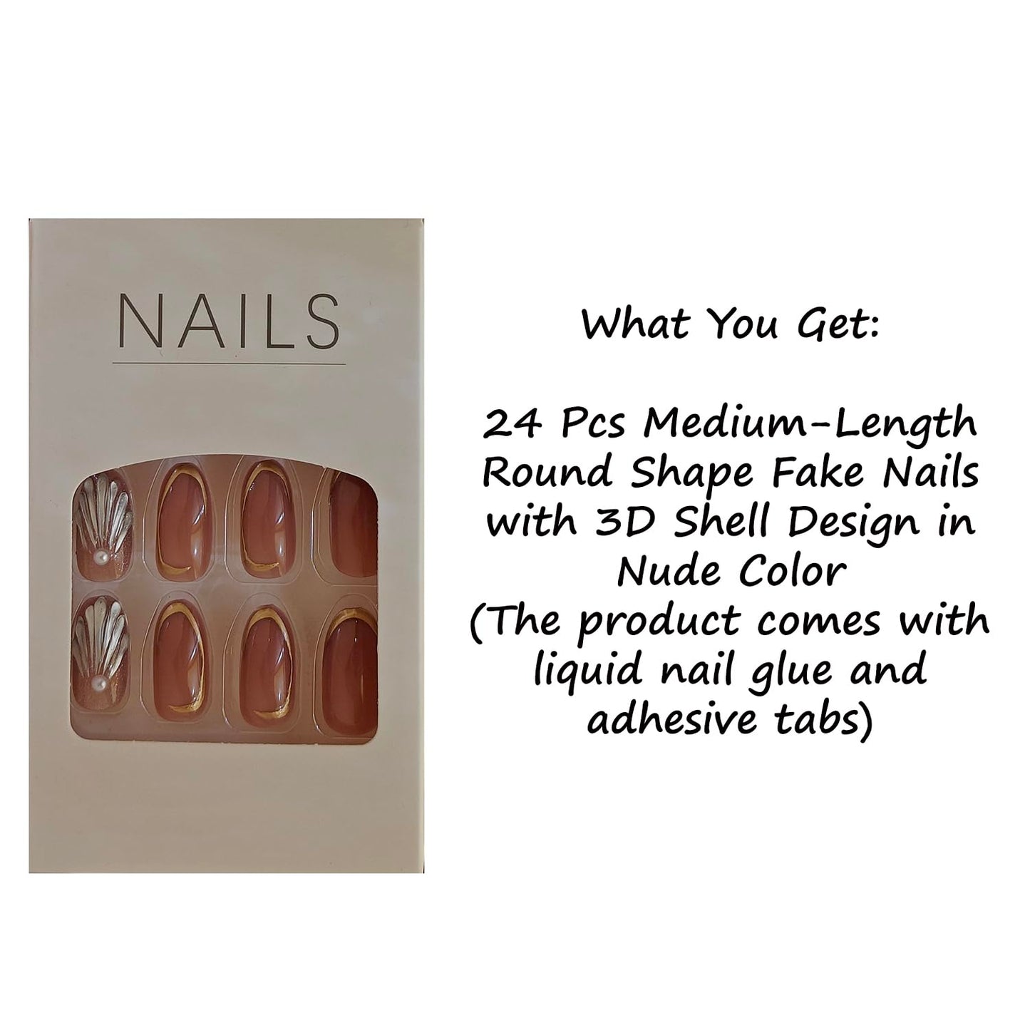 S.A.V.I 24 Pcs Medium Length Round Press-On Nails | Nude Brown & White Glossy Finish | 3D Shell Pearl & Gold Foil Design | Reusable Acrylic Fake Nails with Glue & Adhesive Tabs