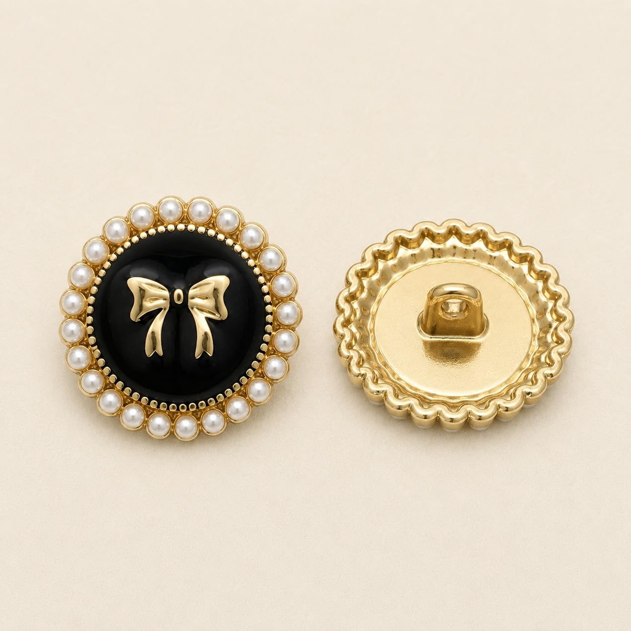 S.A.V.I Decorative Pearl Bow Shank Buttons 15mm Black & Gold | Set of 6, For Blazers & Dresses, DIY Tailoring & Crafts, Women's Fashion, For Jackets & Cardigans