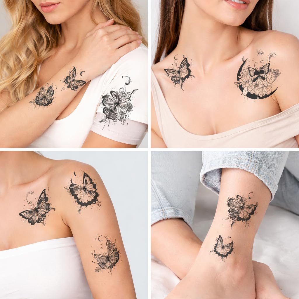 S.A.V.I Black Butterfly & Floral Moon Temporary Tattoo (10 Sheets), 6.8x12 cm Large Waterproof Body Stickers, Safe Non-Toxic Realistic Arm Shoulder Collarbone Design for Women & Girls (#325)