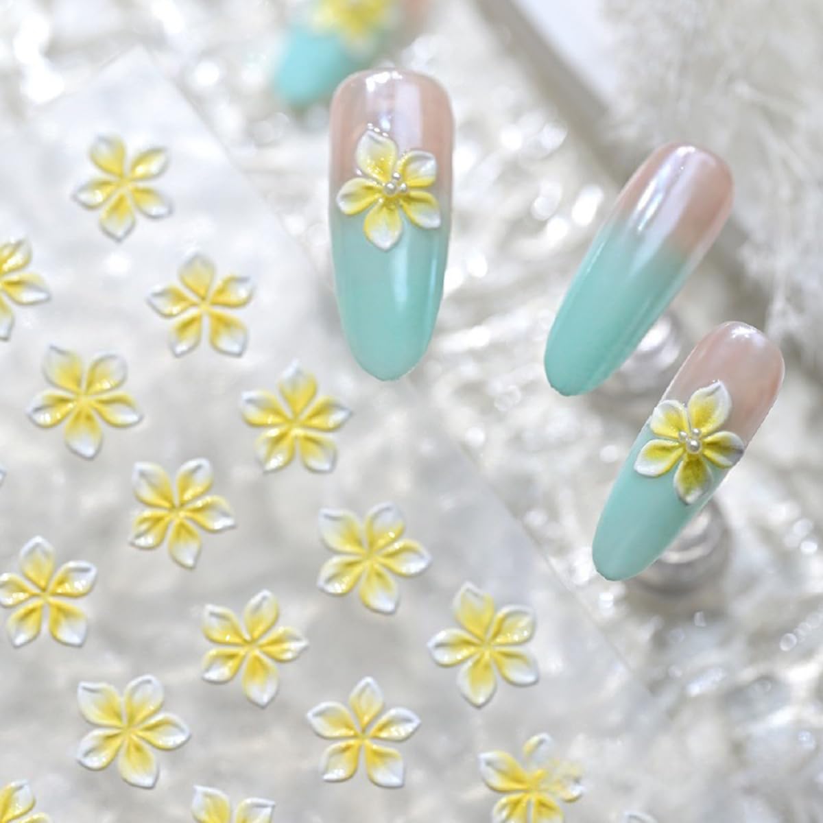 S.A.V.I 2 Sheets - 3D Floral Nail Art Stickers Yellow & Pink Blue Flower Design, Self Adhesive Resin Decals, Glossy Raised Decoration for Gel Acrylic Nails