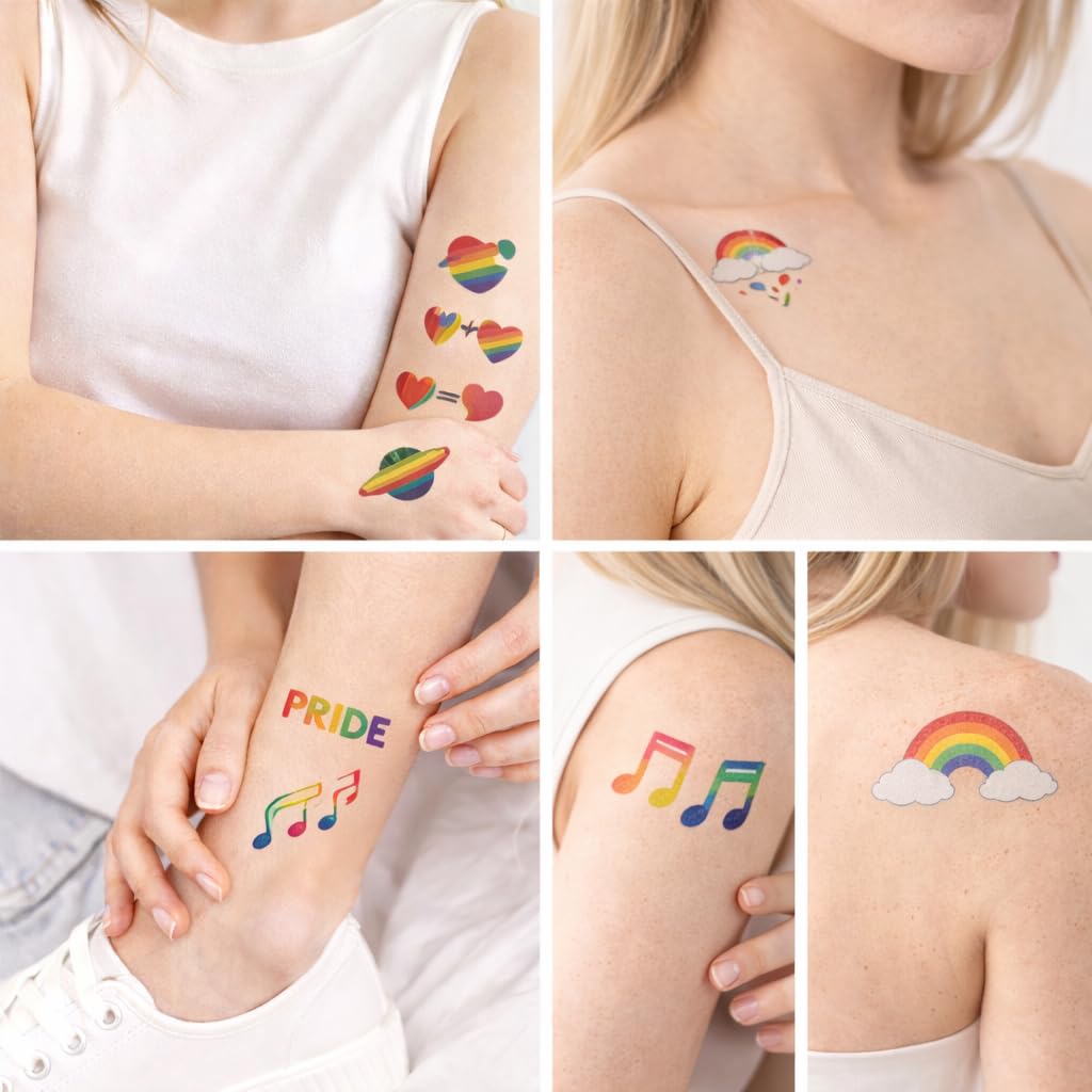 S.A.V.I Pride Rainbow Temporary Tattoos – 10 Sheets Multicolour Heart, Butterfly & Love Designs (6.8 x 12 cm) Safe Non-Toxic Waterproof Body Art for Adults, Party, Festival & LGBTQ Decor (#333)