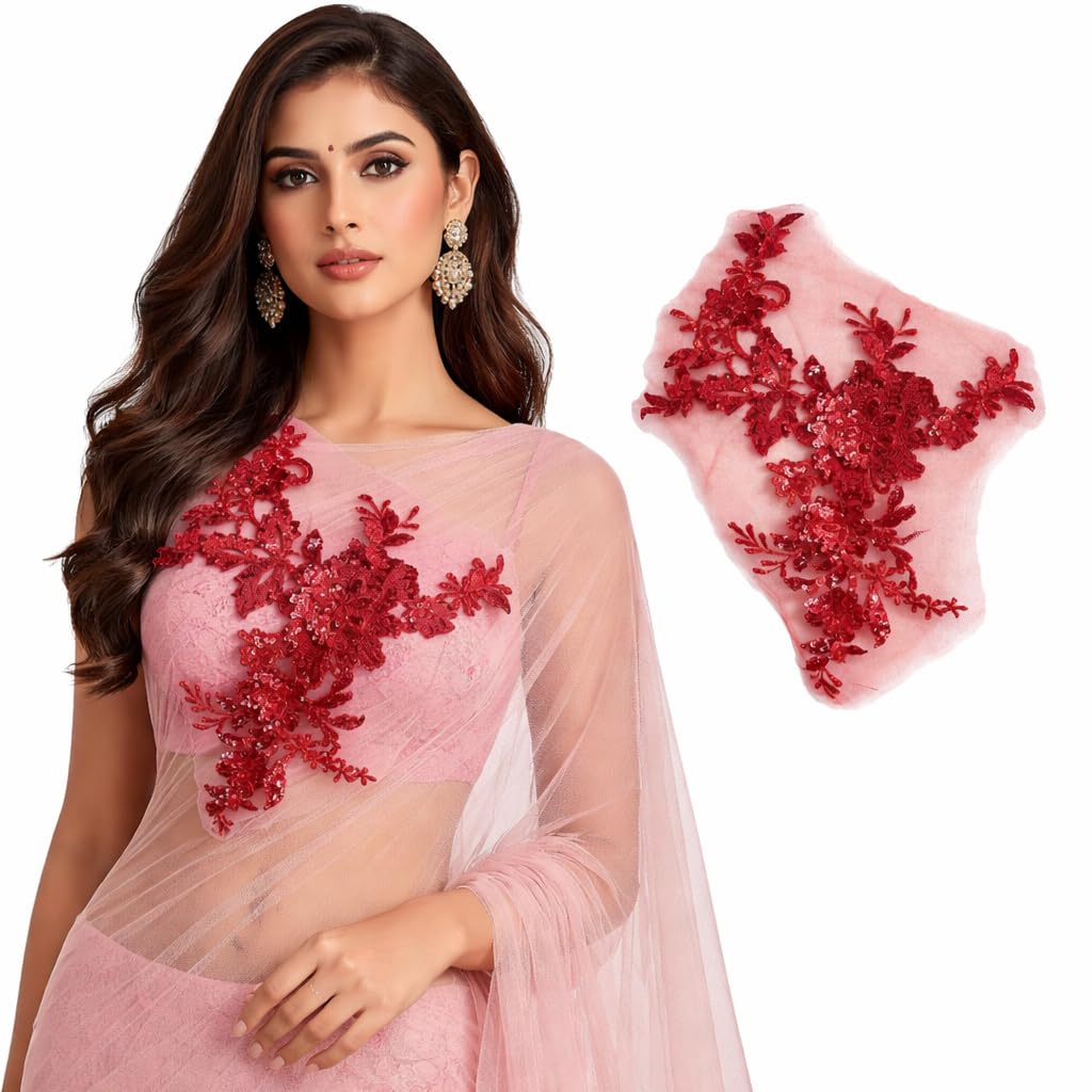 S.A.V.I Red Sequin Embroidered Applique Patch 25x29 cm | Floral Asymmetrical Net Fabric Sew-On Motif for Blouse, Kurti, Gown, Saree | DIY Craft Decoration (Red)