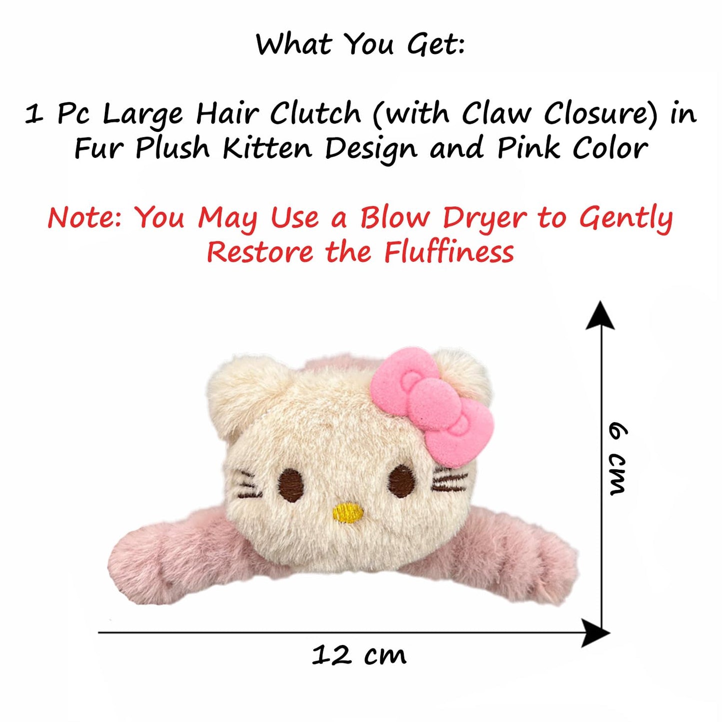 S.A.V.I Cute Plush Kitten Hair Claw Clip 12 cm for Women & Girls | Soft Faux Fur Cat Design in Pink & Cream | Strong Grip Clutcher for Thick Hair | Stylish Daily Hair Accessory