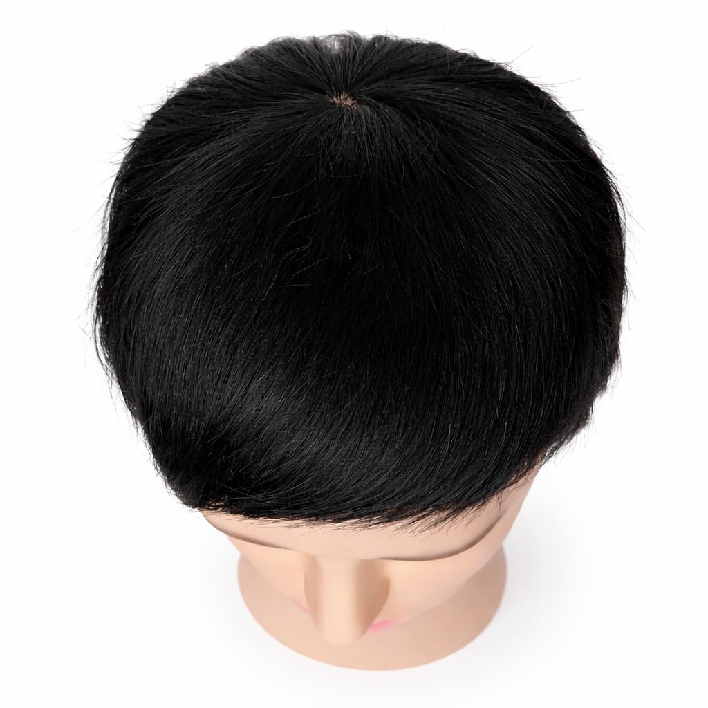 S.A.V.I Men’s Black 100% Human Hair Pixie Wig – Realistic Scalp, Natural Straight Layered Boy Cut, Soft Lightweight Full Headpiece for Daily, Office, Parties