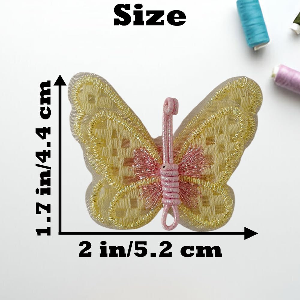 S.A.V.I 3 Pcs Butterfly Embroidered Sew-On Applique Patch, Yellow & Pink Fabric Motif, 2 x 1.7 Inch Handmade Thread Work for Dress, Blouse, Kids Wear, Craft & DIY Decoration (Yellow)
