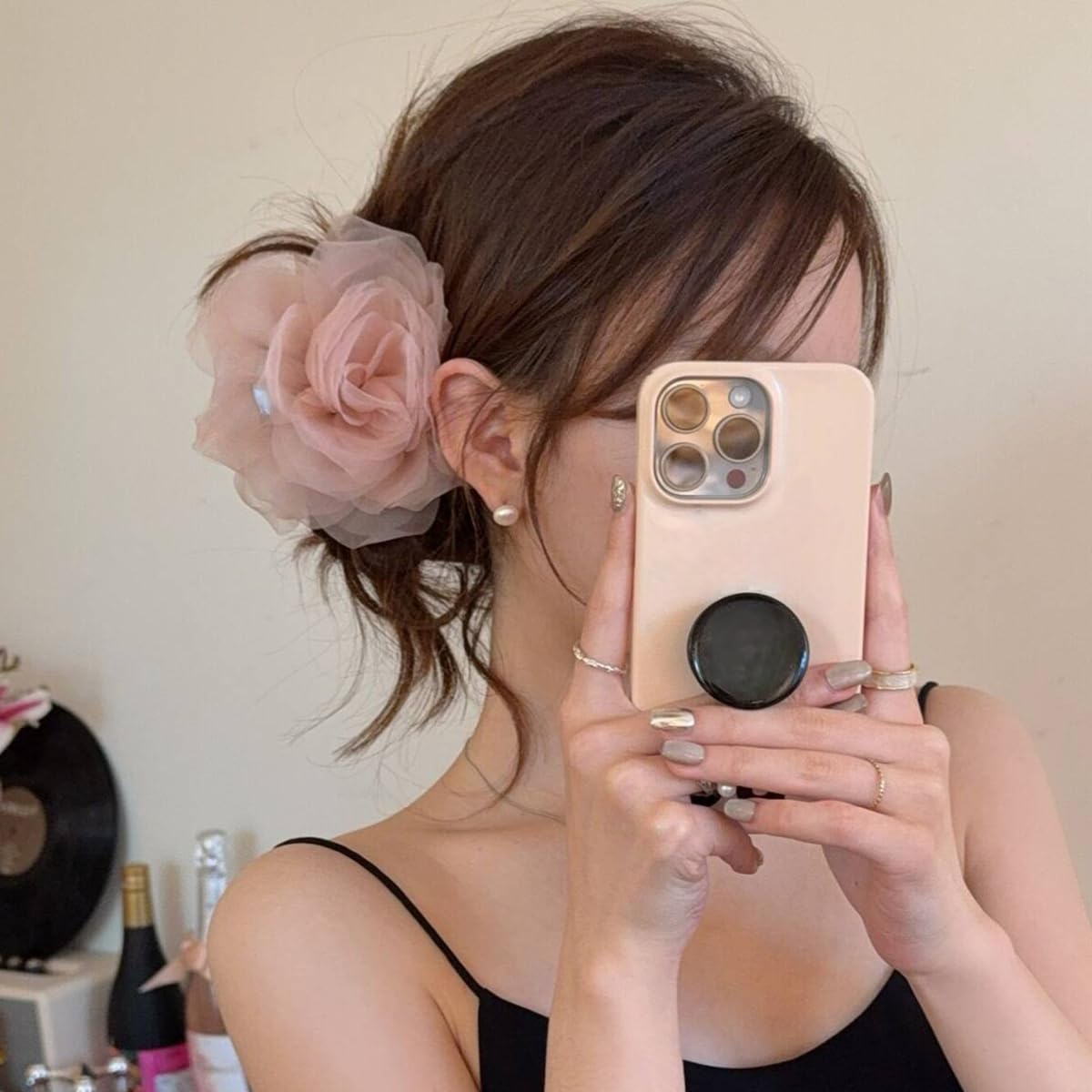 S.A.V.I Pale Pink Rose Hair Claw Clip for Women & Girls (9 cm) | Large Floral Net Fabric Hair Accessory | Strong Hold Elegant Updo Clutcher for Party, Wedding, Daily