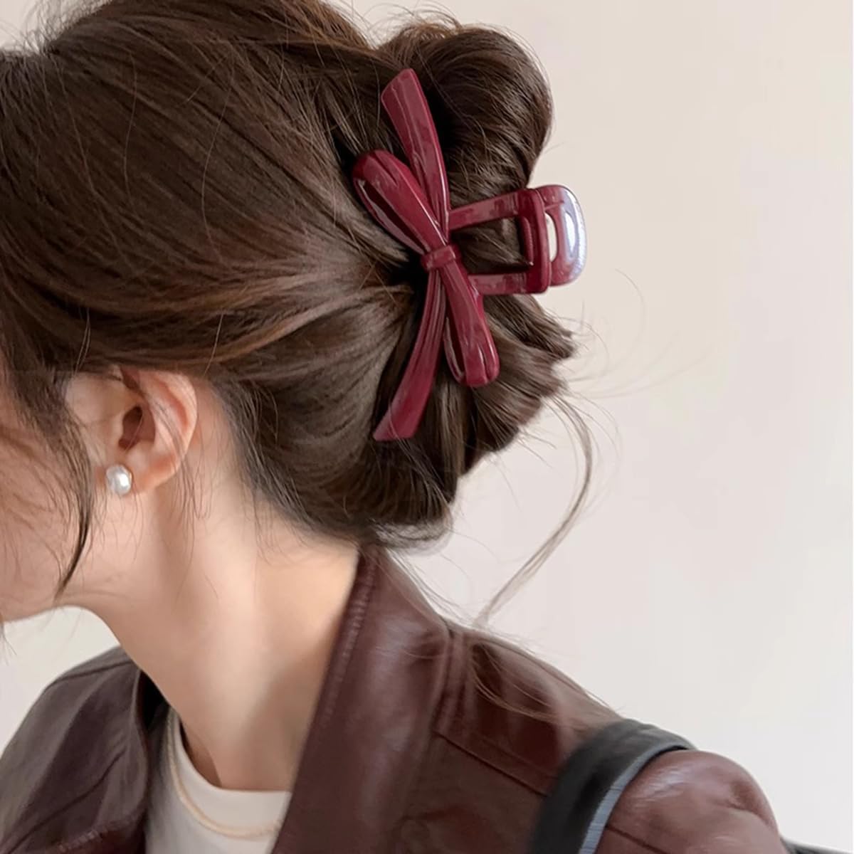 S.A.V.I Maroon Bow Hair Claw Clip 13 cm | Large Glossy Acrylic Clutcher for Women | Strong Hold Grip for Thick Hair | Stylish Everyday Party Hair Accessory