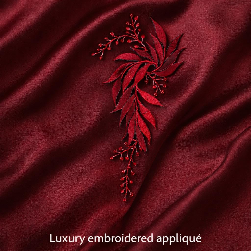 S.A.V.I Burgundy & Silver Floral Iron-On Embroidered Appliqué Patch 7.5 x 17 cm | Leaf Motif Threadwork Design for Dresses, Sarees, Blouses & DIY Fabric Craft (Left, Burgundy, 7.5 x 17 cm)