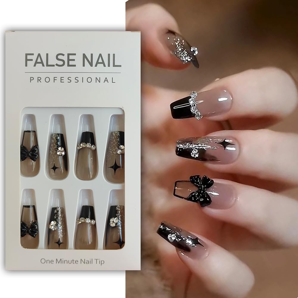 S.A.V.I 24 PCS Black Coffin Nails - 3D Bowknot Design - Reusable Press-On Set with Glue  Tape
