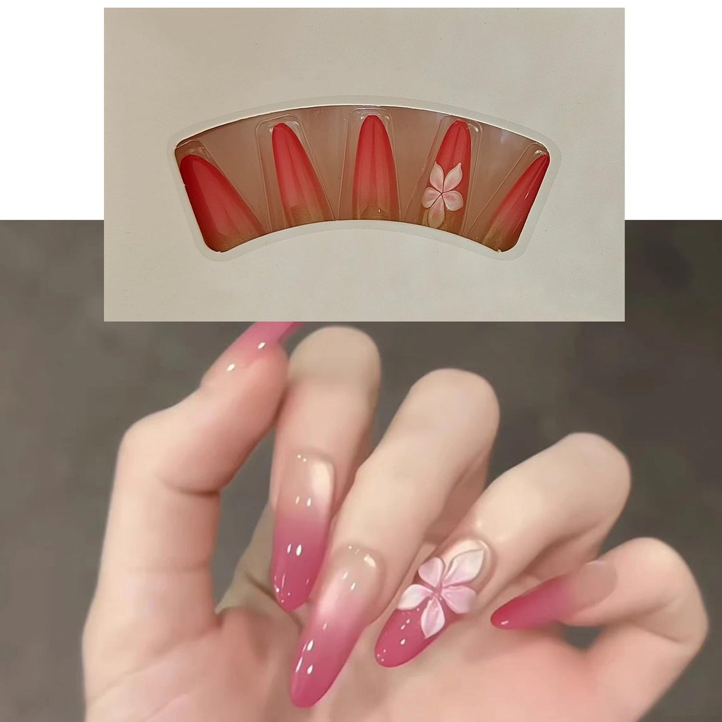 S.A.V.I 30 Pcs Long Almond Press On Nails, Pink Gradient Cat Eye Glossy Finish, 3D Floral Acrylic False Nails, Reusable Artificial Nails with Glue & Adhesive Tabs