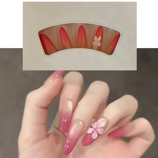 S.A.V.I 30 Pcs Long Almond Press On Nails, Pink Gradient Cat Eye Glossy Finish, 3D Floral Acrylic False Nails, Reusable Artificial Nails with Glue & Adhesive Tabs